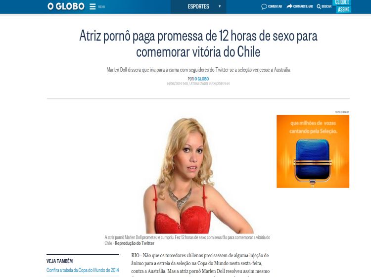 La "maratón de sexo por la Roja" de Marlen Doll apareció en los medios de Brasil La "maratón de sexo por la Roja" de Marlen Doll apareció en los medios de Brasil