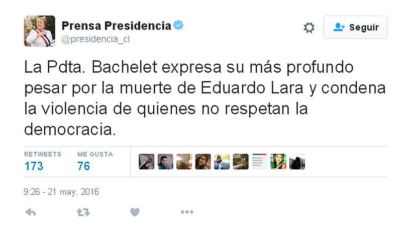 Presidenta envió las condolencias a la familia de Eduardo Lara por Twitter