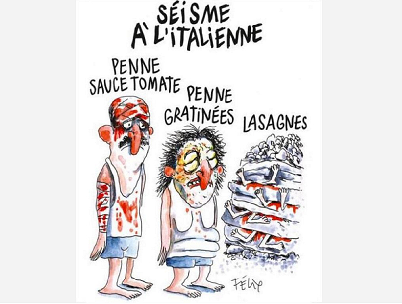 Polémica en Italia por caricatura de Charlie Hebdo que muestra a víctimas del terremoto bajo capas de lasaña