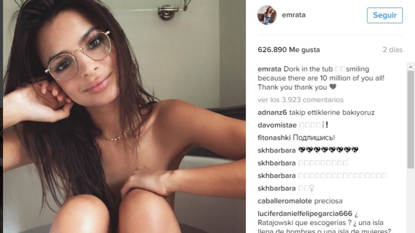 Emily Ratajkowski publicó una foto desnuda para celebrar sus 10 millones de seguidores en Instagram.
