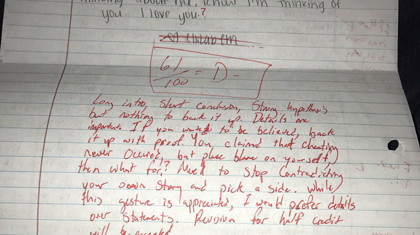 EE.UU: Joven estudiante editó y corrigió una carta de disculpas de su ex y la reprobó