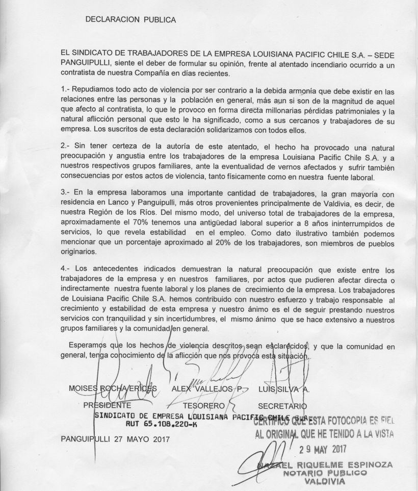 Sindicato de trabajadores de Louisiana Pacific rechazó hechos de violencia en Malalhue