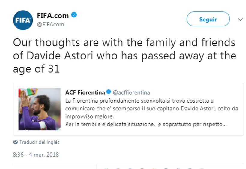 La FIFA muestra su pesar por la muerte de Davide Astori