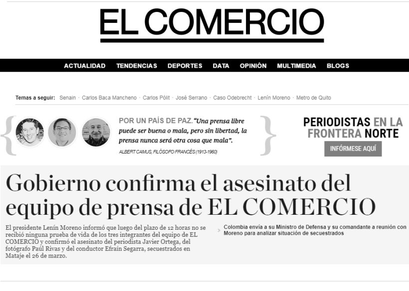 Portal del diario El Comercio de Ecuador apareció en blanco y negro por el asesinato de sus periodistas