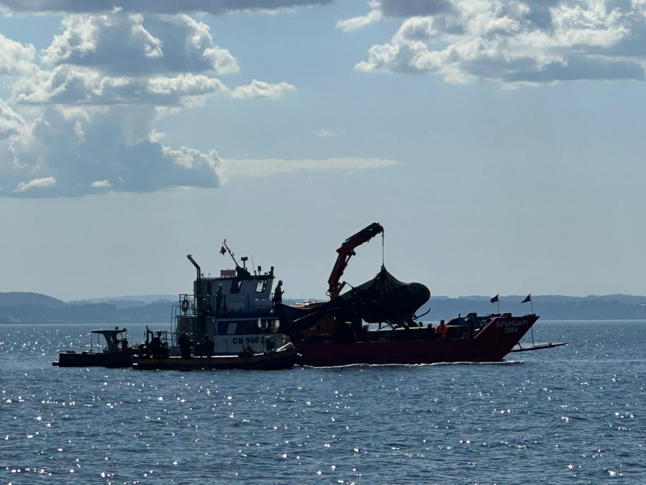 Helicóptero de Sebastián Píñera fue extraído del lago Ranco Helicóptero de Sebastián Píñera fue extraído del lago Ranco