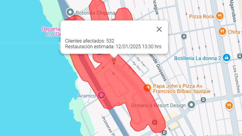 Reportan corte de energía en el sector sur de la ciudad de Iquique