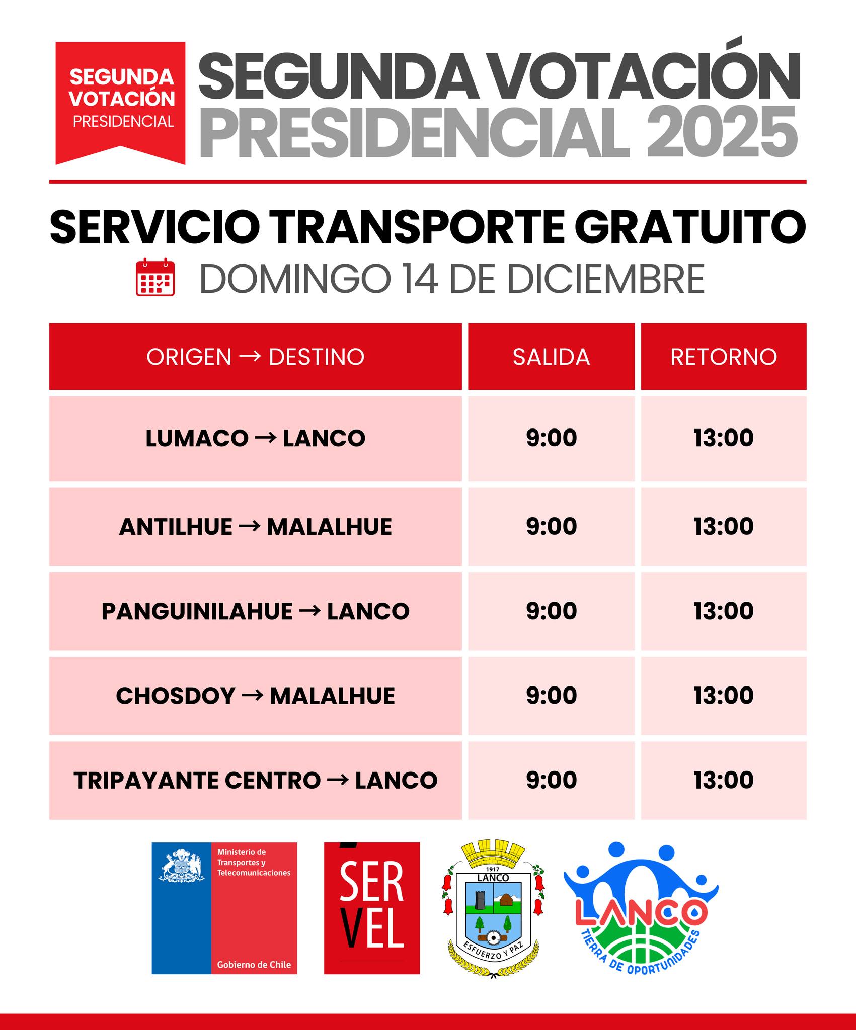 Lanco informa sobre servicio de transporte gratuito para las elecciones